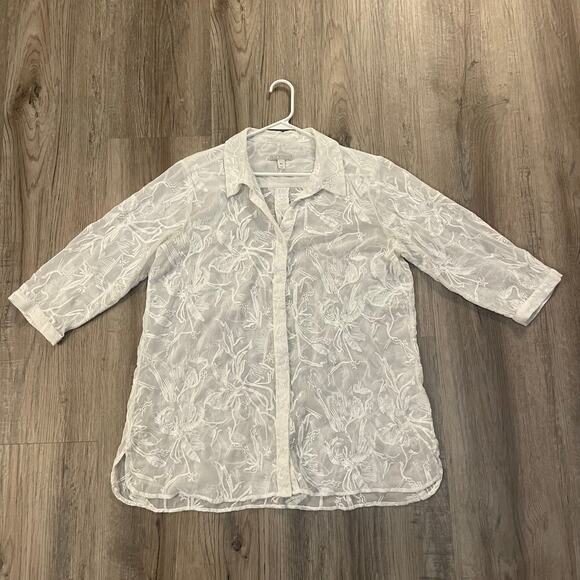 Dana Buchman Sheer Button Up Blouse Embroidered Top White Ivory XL - Picture 11 of 16